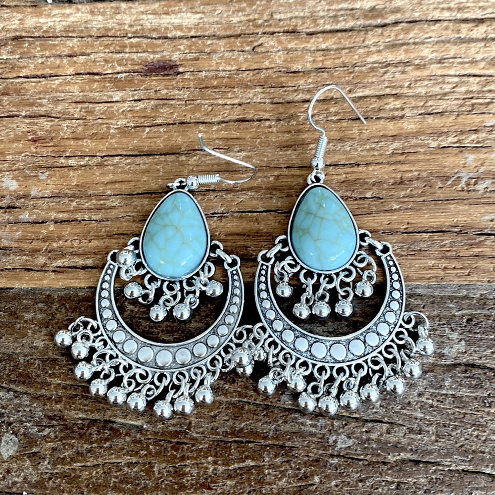 Silver tone dangle earrings faux turquoise